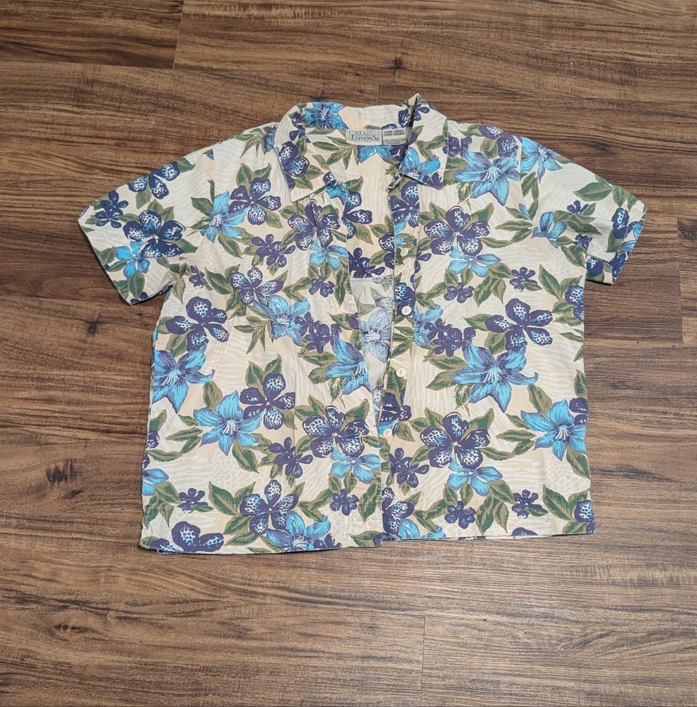 Basic Editions Blue and Green Floral Casual Shirt